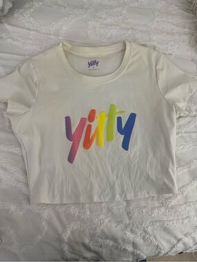 YITTY White Crop Tee with Rainbow Script Logo